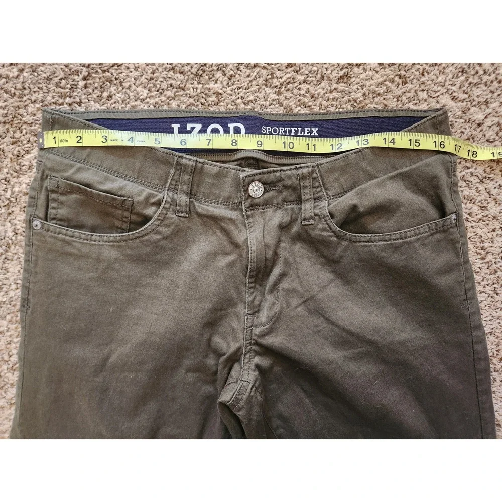 IZOD Sportflex Straight Fit Pants Mens 32x30 Olive Green Stretch‎ Chino 5 Pocket